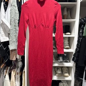 ByEgreis small Long Sleeve Red Midi Dress - Sleek Turtleneck Style